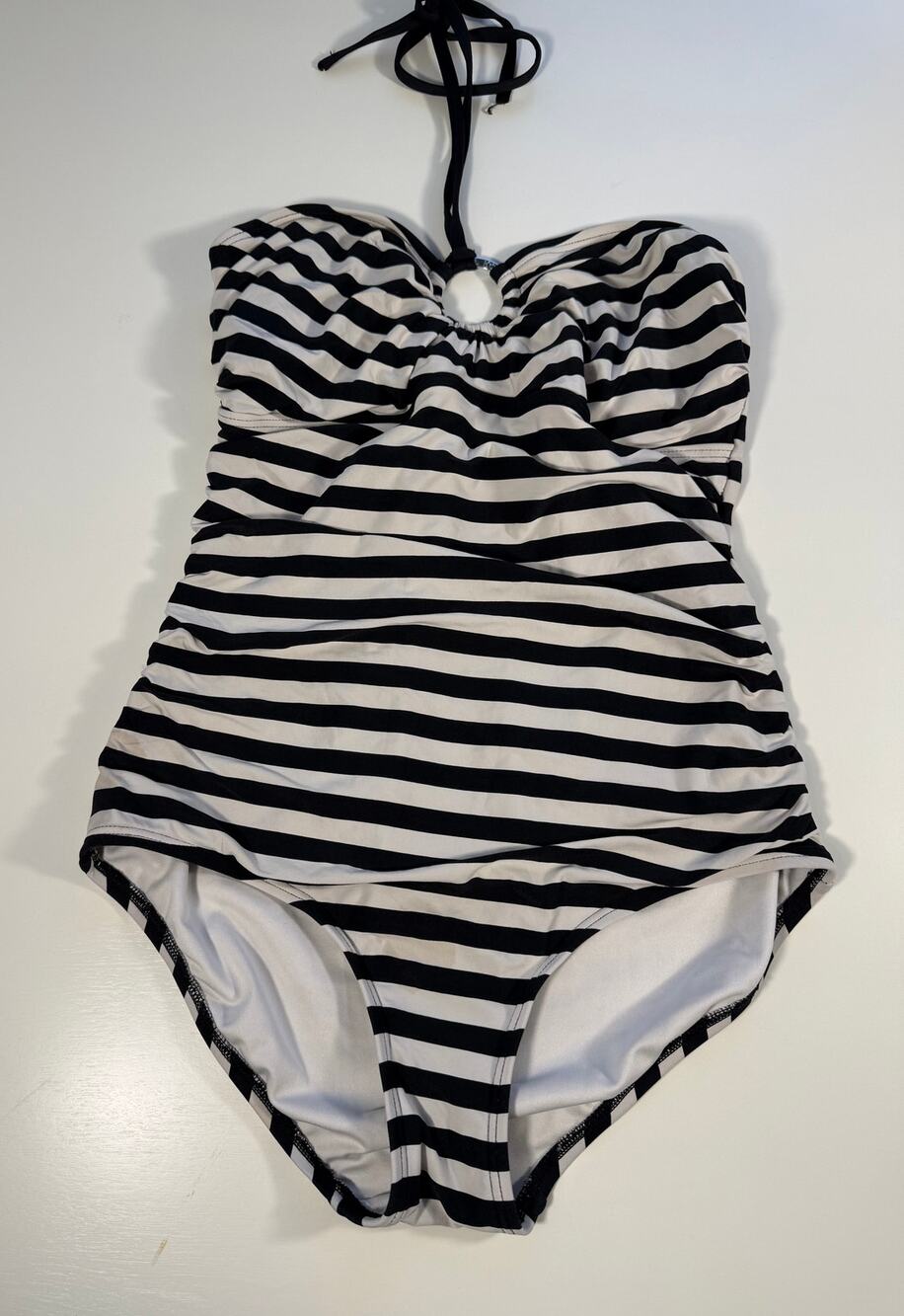 Michael Kors One Piece Swimsuit Black White Stripe Logo Ring Halter Ruched 10
